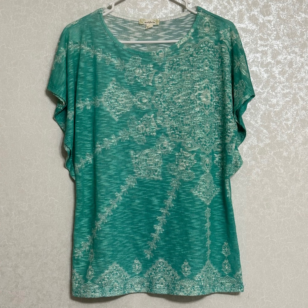 Nurture Teal Green Top White Starburst Floral Pattern Short Sleeve Knit‎ Sz L